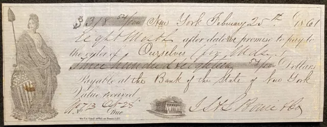 1861 *PRE CIVIL WARc* ~BANK OF THE STATE OF NEW YORK~ PROMISSORY NOTE+VIGNETTES!