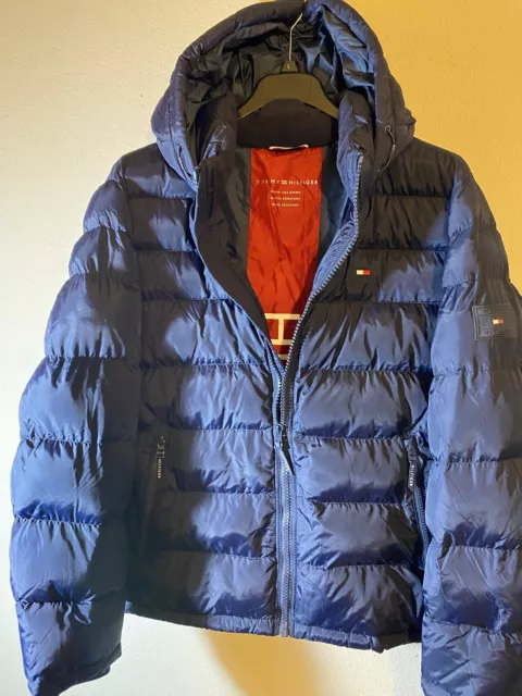 Tommy Hilfiger Mens Puffer Jacket Xl Blue W/Hoodie Water/Wind Resistant Zippered 2