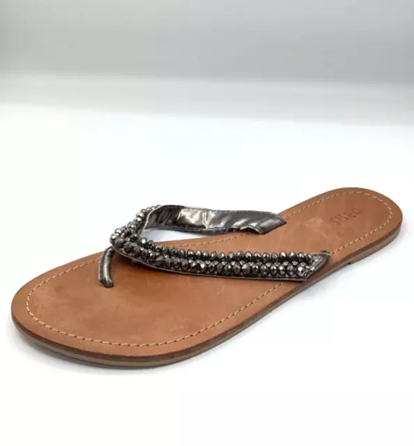 Oasis Womens Pewter Faux Leather Flat Beaded Sandals Flip Flops Size UK 6 Used