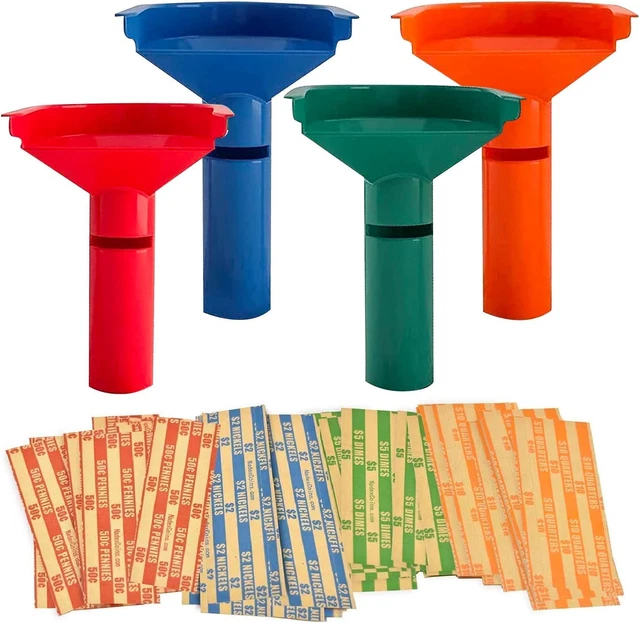 252 Coin Wrappers with Coin Sorter Tubes - Funnel Shaped Color-Coded Coin Counte