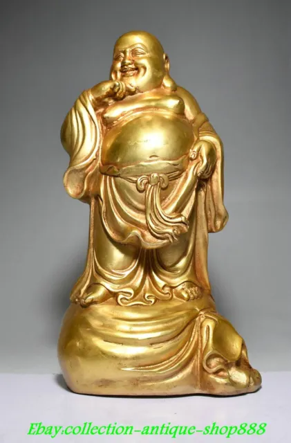 9" Old Chinese Bronze Gilt Wealth Happy Laugh Maitreya Buddha Coin Bag Statue 3