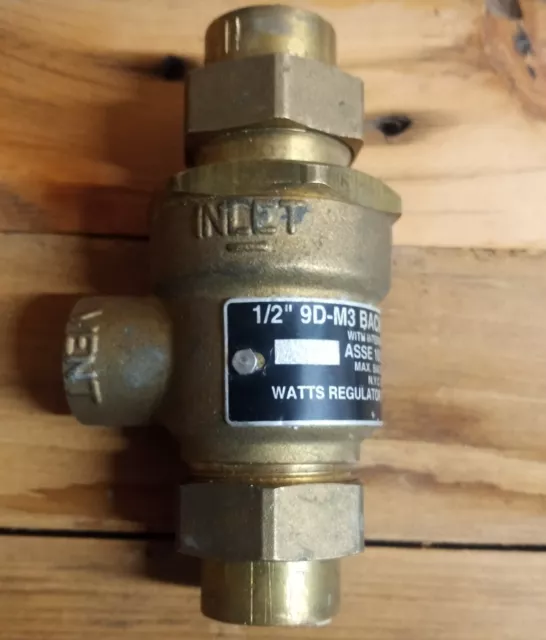 Watts 9D-M3 Backflow Preventer 1/2in Brass with union nuts. Made in the USA