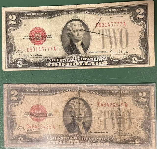 Lot (2) 1928 $2 Two Dollars Legal Tender Note Red Seal