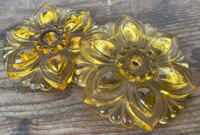 2 Glass Drapery Tie Back Decorations Antique Flower Amber Beautiful Buttons ???
