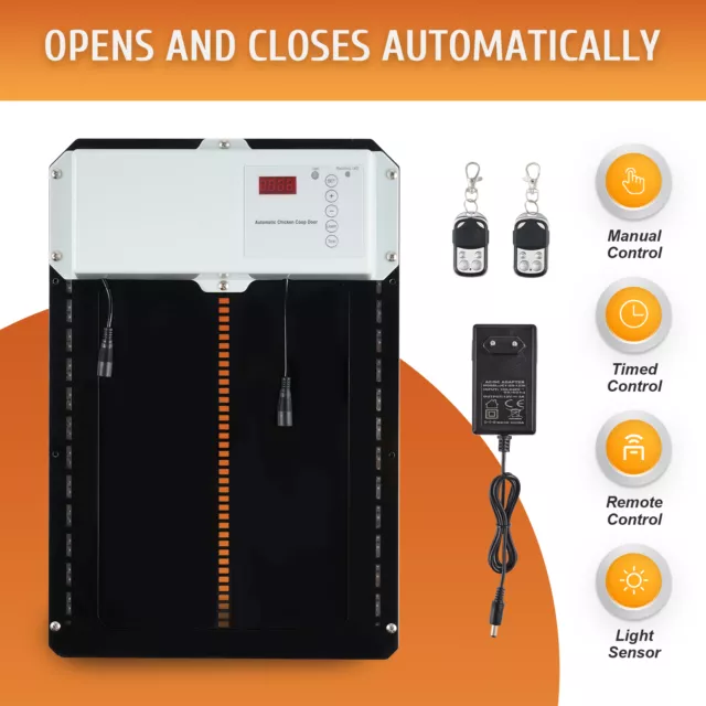 Auto Chicken Coop Door w Sensor Remotes Timer Compatible w Solar Power Battery