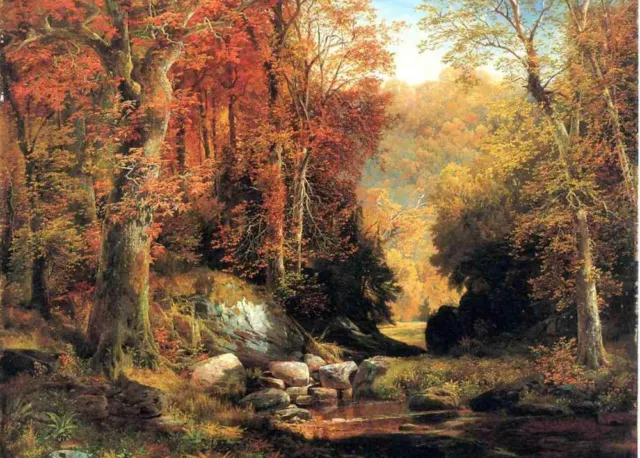 Oil Thomas Moran - Cresheim Glen, Wissahickon, Autumn landscape with creek art