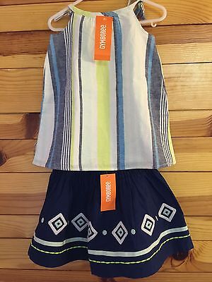 NWT Gymboree Girls Blue Safari 2 Piece Linen Striped Top Embroidered Geo Skirt 4