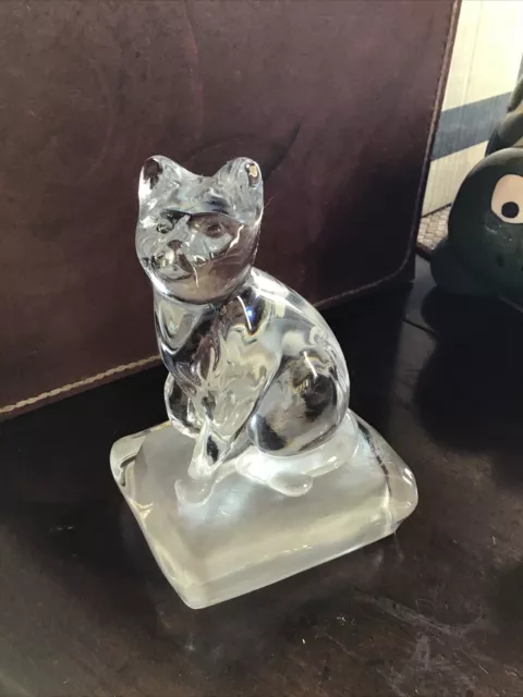 Cristal Darques 5" Cat Figure Genuine Solid Clear Glass Frosted Base Paperweight