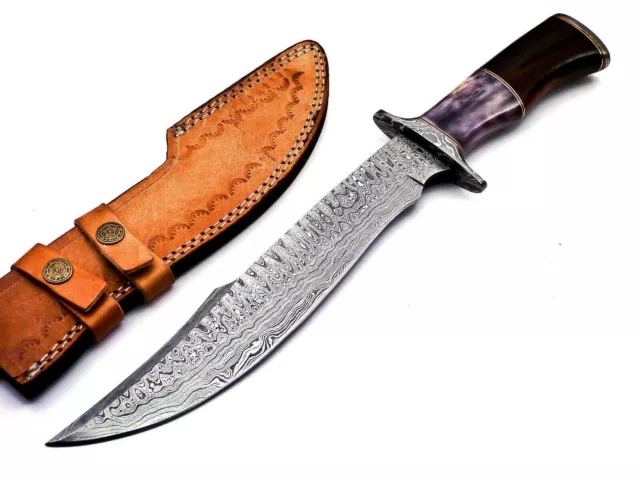 15-Inch Handmade Damascus Bowie Knife - Marindi Wood/Bone Handle With Sheath