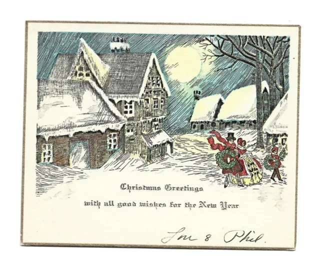 Christmas Card VICTORIAN Couple Boy  Wreaths Walk Homes MOON Etched Colored 30's