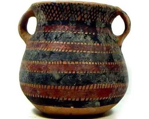 Antique China 19thC Neolithic Style Revival Painted Two Handle Clay Pot/Jug