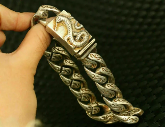 Oriental collect old miao silver hand carving snake statue bracelet