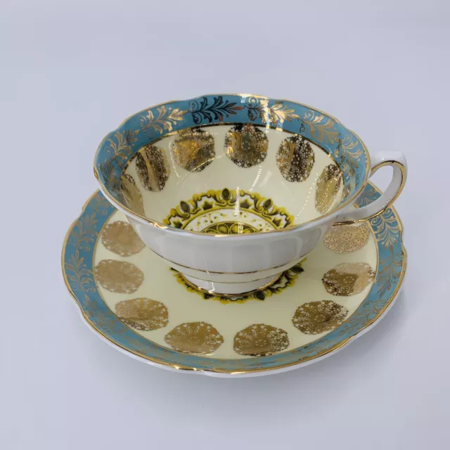 Vintage Royal Grafton English Bone China Teal & Gold Filigree Tea Cup & Saucer