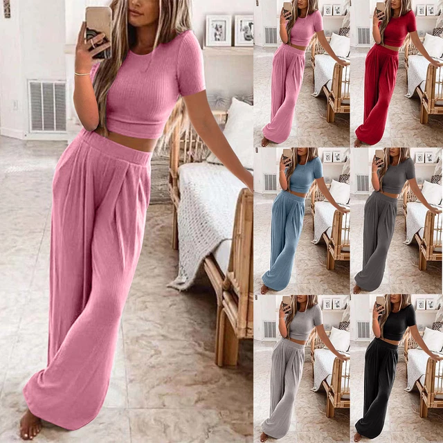 Damen Sommer Hausanzug Yoga Jogginganzug Freizeitanzug Loungewear Pyjamas 2tlg