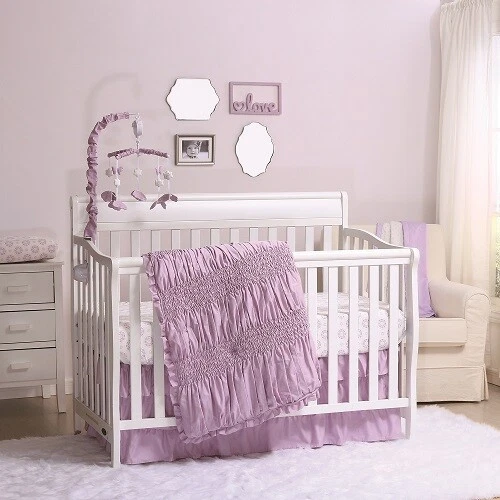 The Peanut Shell Lilac Kisses 4Pc Crib Bedding Set Includes Mobile Purple *New*
