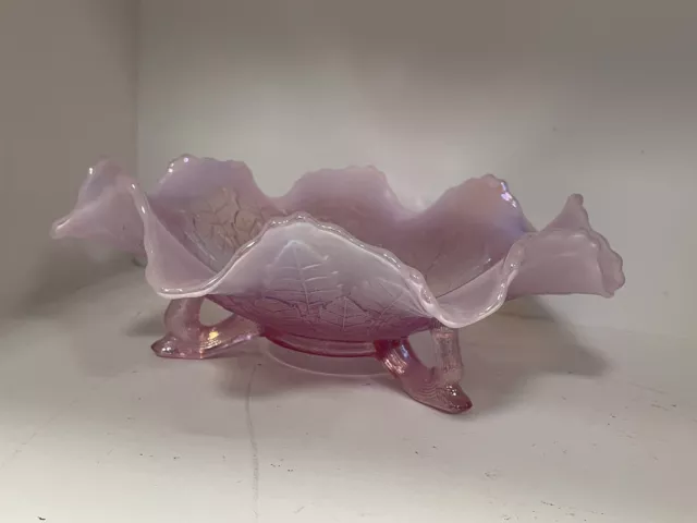 2005 Fenton LEAF TIERS Lavender Pink Opalescent w Logo Footed Ruffled Bowl