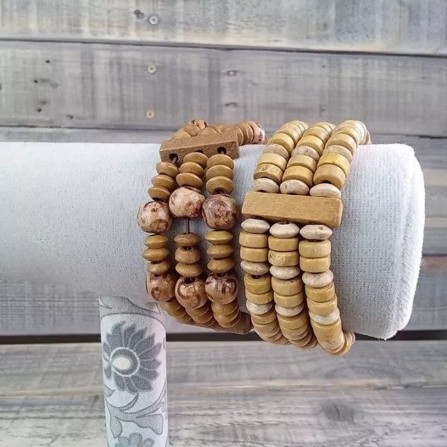 Lot of 2 Multi Strand Brown Wooden Bead Stretch Bracelet Wood Stacking Flower