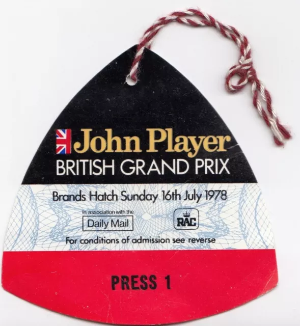 1978 British Gp Brands Hatch Original Press 1 Pass Entry Ticket Carlos Reutemann