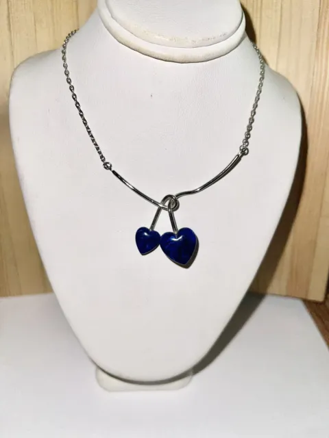 Vintage Sarah Coventry Duo Hearts 1976 Faux Lapis Twisted Heart Pendant Necklace