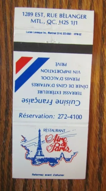 Eiffel Tower Matchbook Matchcover Aire De Paris Restaurant (Montreal, Quebec) E2