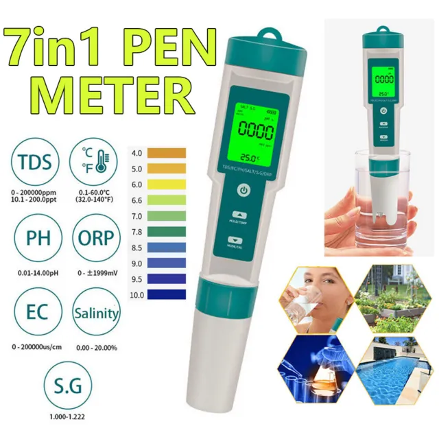 7 in 1 Pen Meter Water Quality Monitor Tester PH/EC/TDS/Salinity/S.G/ORP/Temp