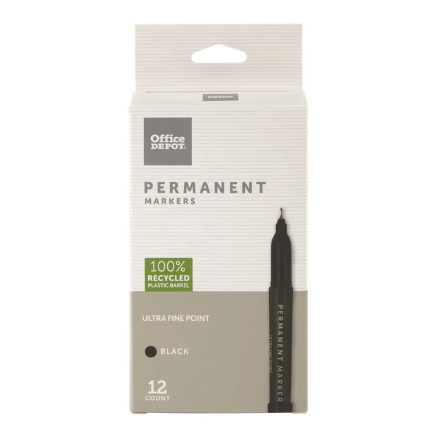 Office Depot Brand 100% Recycled Permanent Markers, Ultra-Fine Point, Black 12Pk