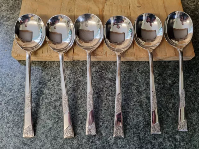 Boxed Set Of Six Floral Mid Century Silver Plated Soup Spoons. Great Condition 2