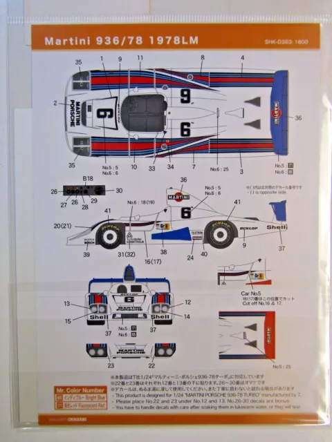 SHUNKO Decal Sheet 1:24 Scale Martini Porsche 936/78 1978 Le Mans # SHK-D383 2