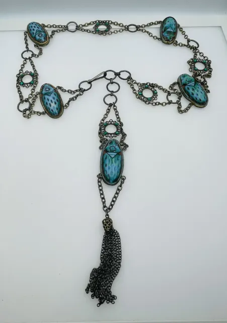 Antique Max Neiger Brass Blue Czech Glass Scarab Egyptian Chain Belt Necklace