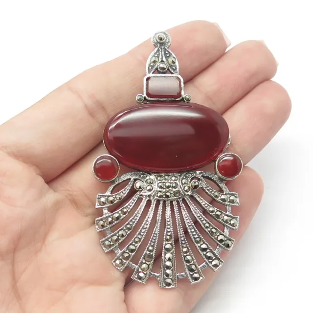 925 Sterling Silver Vintage Real Carnelian & Marcasite Victorian Style Pendant