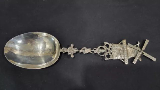 Large 1903 Dutch Sterling Silver Rotating Windmill Serving Spoon, 12 1/2"