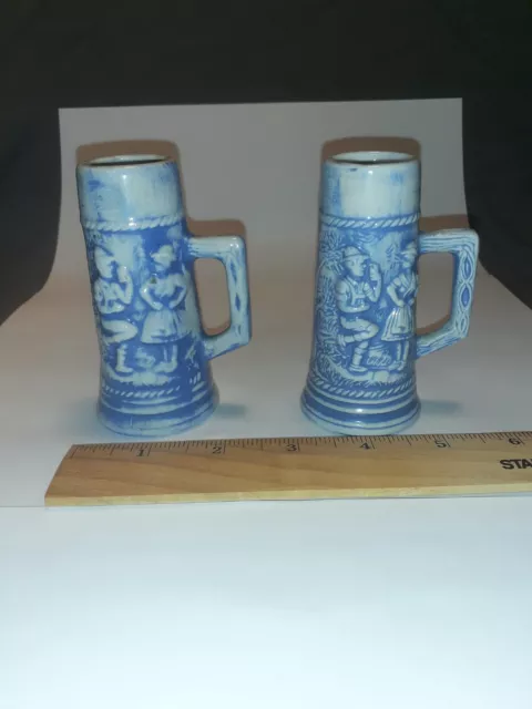 Vintage Set of 2 Delft Blue Mini Mug Stein German Toothpick Holders Hand Painted