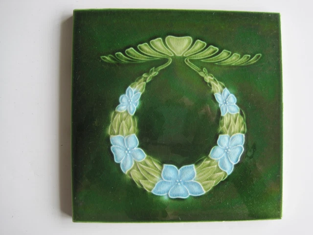 6" Sq.  Antique Art Nouveau Alfred Meakin Floral Wreath Tile - C1895-1910 #358