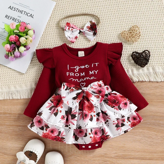 2PCS Newborn Baby Girls Floral Ribbed Romper Dress Headband Set Outfit Clothes 4