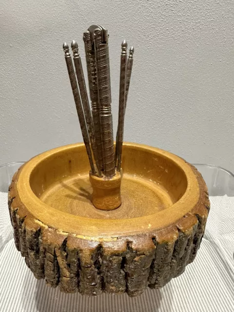 Vintage Nut Cracker Set With Wooden Log Bark Nut Bowl with Nut Cracker/Picks