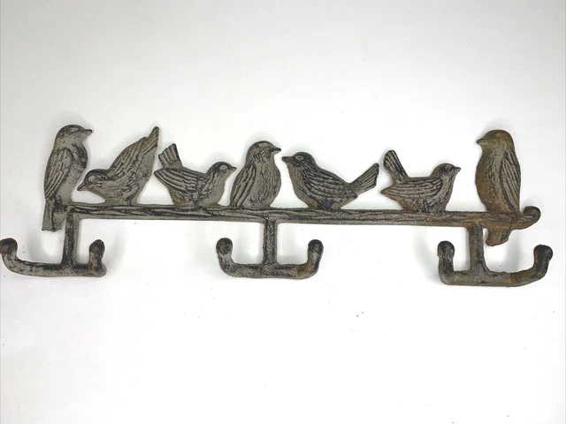 Vtg Cast Iron Bird Lover Décor 6 Hooks Outdoor Indoor Hang Keys Coats Tools