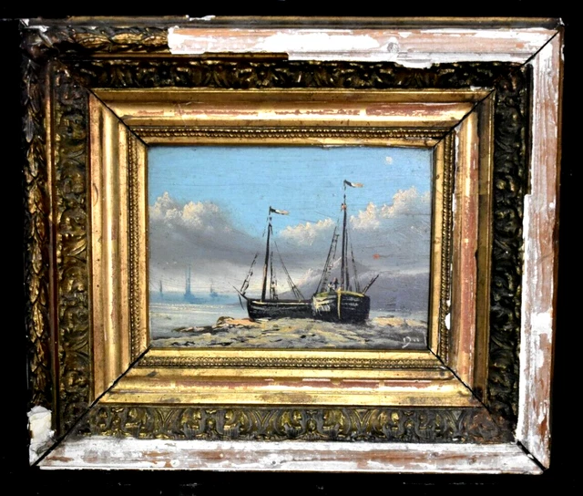 Tableau Ancien Huile Sur Toile - Paysage Marin Avec Bateaux, école Française XIXe