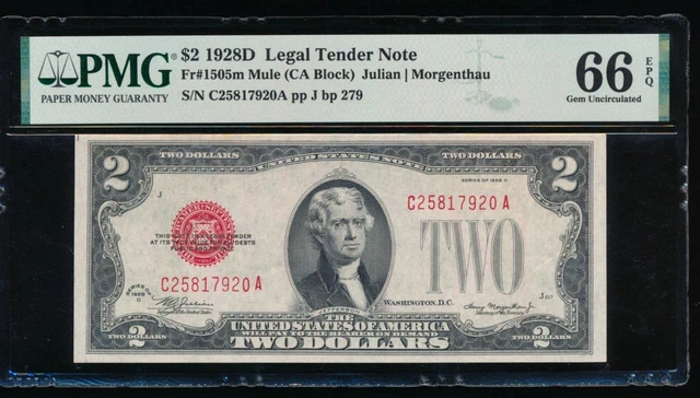 AC 1928D $2 Legal Tender mule PMG 66 EPQ gem C-A block Fr 1505