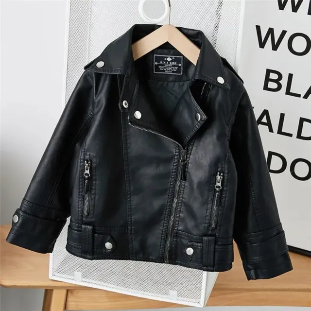 Girls Boys Pu Zipper Jackets Kids Baby Leather Jacket Cool Coat Clothes 2-14T