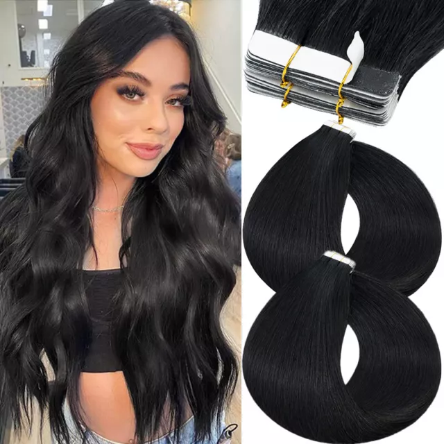 Tape In/On - #1 Schwarz Haar Extensions Echthaar Haarverlängerung Dick 100g-200g