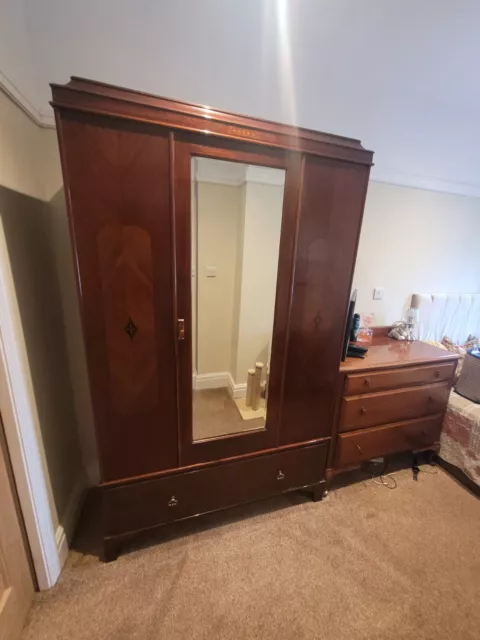 Large Art Deco dark wood wardrobe with single drawer used
