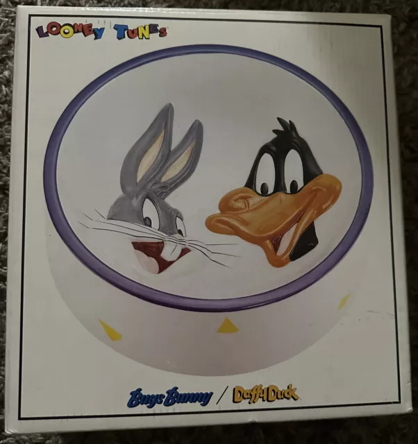 Vintage 1993 Looney Tunes Bugs Bunny & Daffy Duck Ceramic Pet Bowl STILL IN BOX!