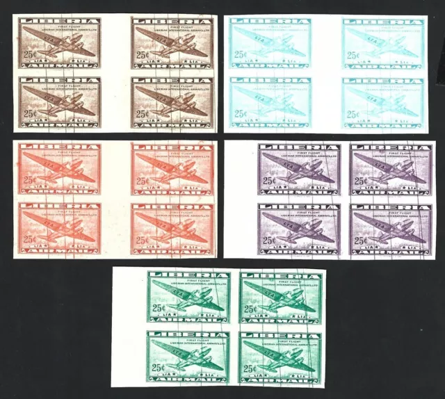 Liberia 1948 Airmail imperf color trial gutter blocks on card from defaced die