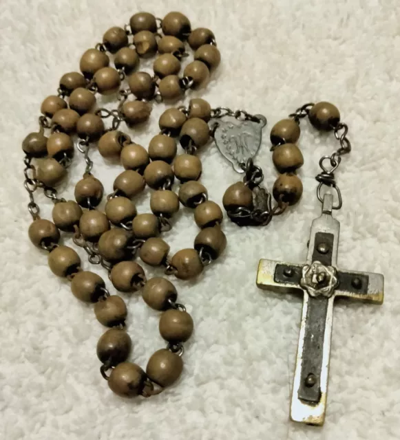Antique 19th C Wood Bead Rosary Ebony & Brass Crucifix 2