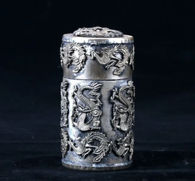Collectible Chinese Old Silver copper Handwork carved Dragon Toothpick Box