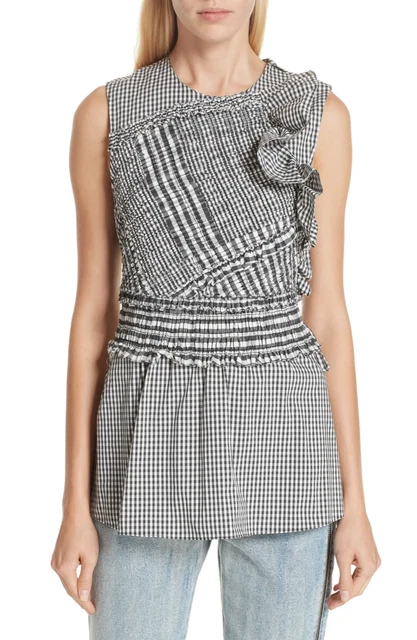 NWT 3.1 Phillip Lim Size 8 Gathered Gingham Top Black White Smocked Ruffle 398$