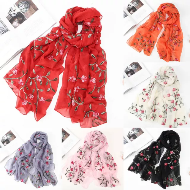 Womens Flower Embroidery Soft Long Neck Scarf Wrap Shawl Stole Scarves Chiffon