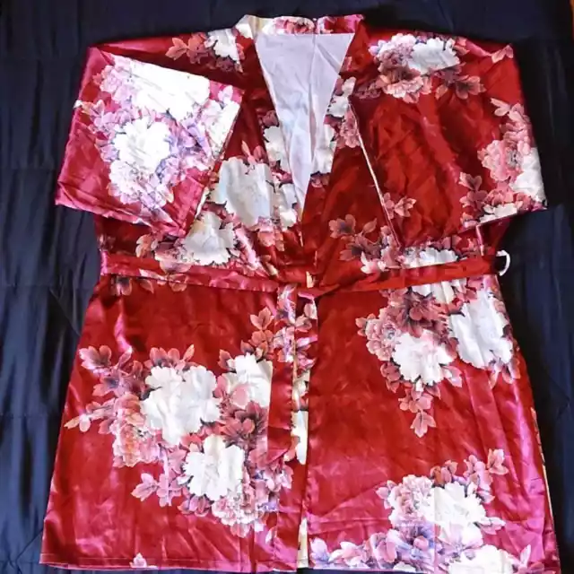 Maroon Floral Kimono Robe with Sash OSFM