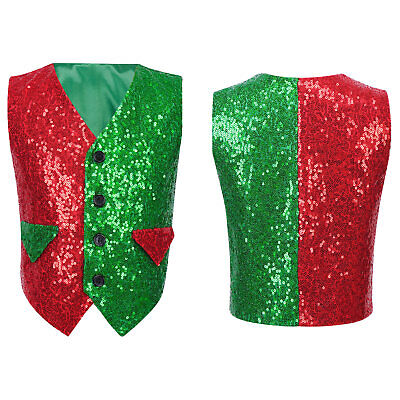 Kid Boys Elf Costume Color Block Sparkly Sequins Vest Christmas Party Waistcoat