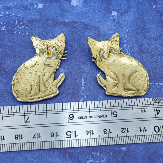 Huge Large Big Brass Cat Stud Earrings Handmade Handcrafted 2” 3